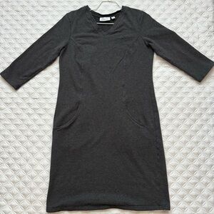 Denim&Co. Active French Terry 3/4 Sleeve V-Neck Dress Pockets Dark Gray Sz XS